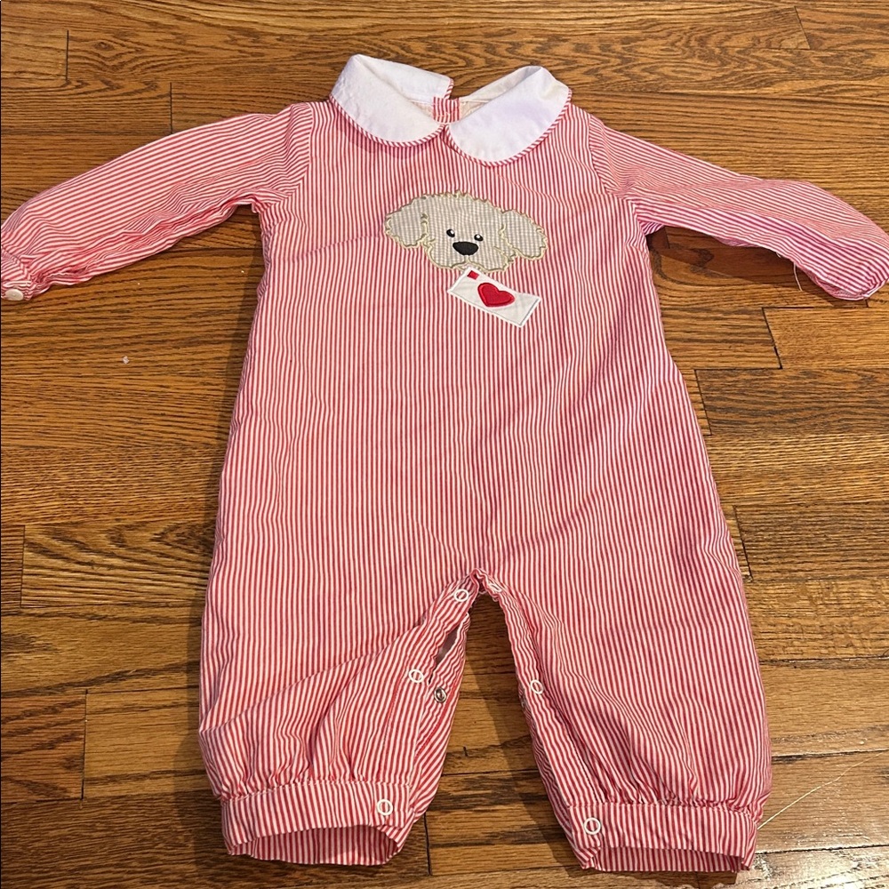 Red Striped Kids One Piece with Appliqué Puppy and Love Letter